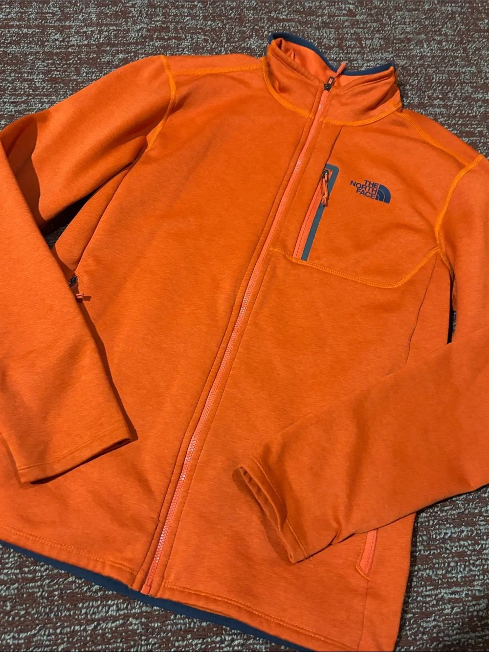 The north face skyline full zip fleece jacket logo stretch orange/navy small